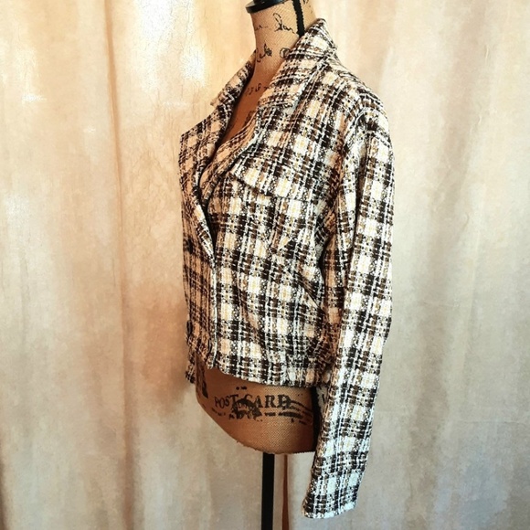 NWT Oversized Boho Crop Jacket Blazer Brown Cream Tweed Metallic Gold Sz S - Picture 5 of 15
